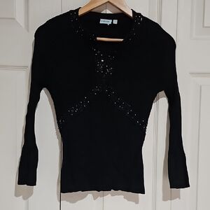 ✨ Barami Black Ribbed Beaded Embellished Top Size L Y2K